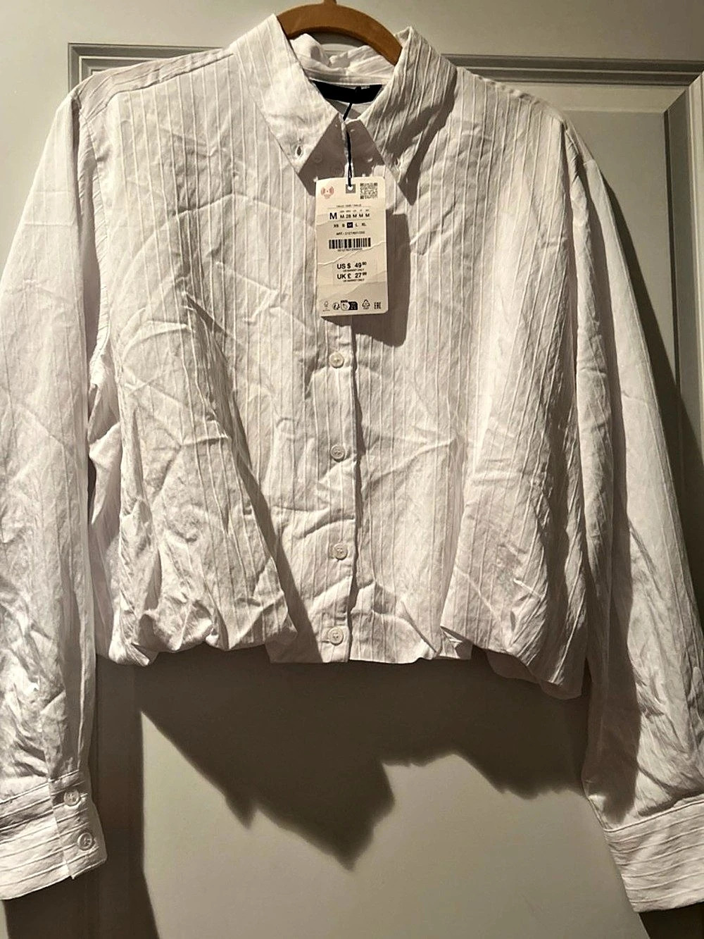 Zara Striped Balloon Poplin Shirt White Medium NWT